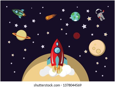 red rocket in space. cosmic world