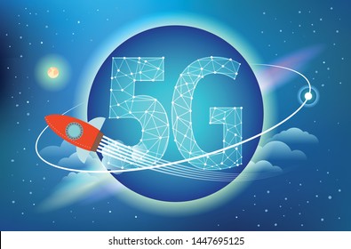 Red Rocket Swoosh Around The Globe With 5G Letter. High Speed Mobile Network. Vector Illustration.
