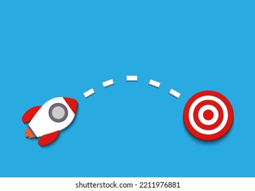 Red rocket targeting to hit center dartboard. Arrow dart aim goal on bullseye in target. Business success, investment goal, opportunity challenge, aim strategy, achievement focus concept. illustration