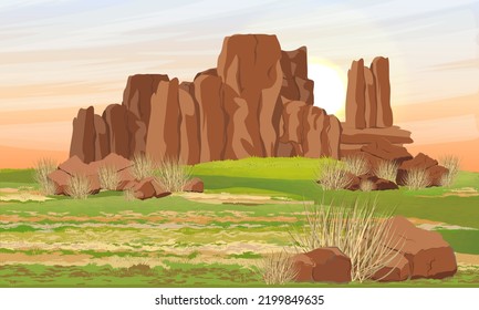 Rocas rojas en Australia. Valle frente a las montañas. Paisaje vectorial realista