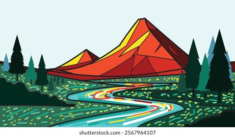 Red Rocky Mountain View with River and Trees good for Background or Design Element and Walpaper