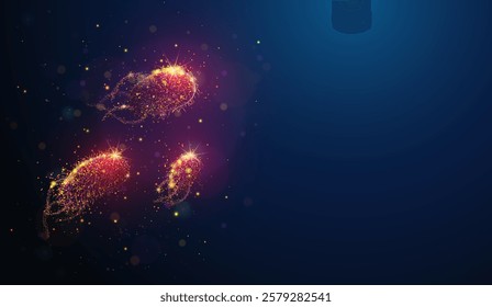 Red rod-shaped bacteria cells made of neon particles. Blue geometric background depicting microbiome medical concept. Close-up macro view of biological microorganisms abstract vector illustration