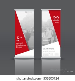 Red roll up banner design brochure flyer vertical template, vector x-banner and street business flag-banner, cover presentation abstract geometric background vertical layout