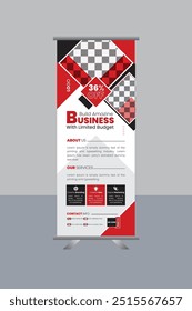 Red roll up banner design template, vertical, abstract background, pull up design.