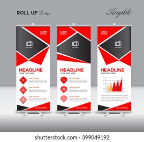 Red Roll Up Banner and info graphics vector template, stand layout, advertisement, flyer design, display
