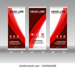 Red Roll up banner stand. Modern Vertical Flag Banner Design with abstract background can be used for Business advertising, Cover, Magazine, Presentation, Poster, Website. Vector template design