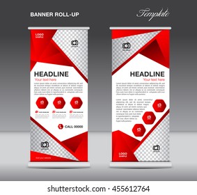 Red Roll up banner stand template  flyer design, display,  polygon background