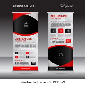 Red roll up banner stand template, stand design,banner design, pull up,  flyer template, advertisement, polygon background, display layout