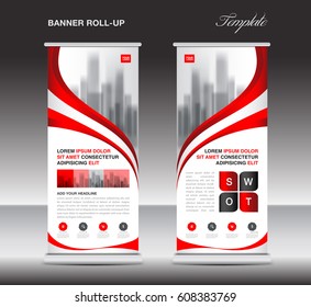 Red Roll up banner, stand template, poster, display, advertisement, banner design, vector