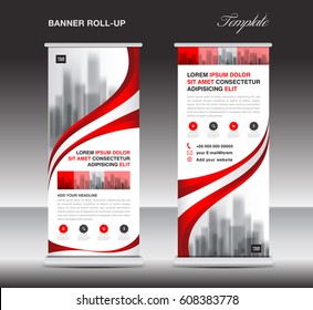 Red Roll Up Banner, Stand Template, Poster, Display, Advertisement, Banner Design, Pull Up Layout, Vector