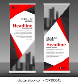 Red Roll up banner stand template design, flyer layout vector, pull up, x-banner, j-flag, x-banner, display