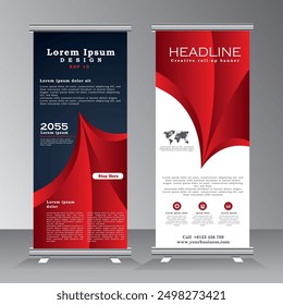 Red Roll Up Banner Template with abstract design with , Standee Design. Vertical Banner Template for Event, Exhibition, Forum, Projevt and Presentation, Vector Eps 10.
