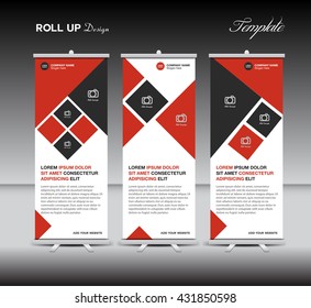 Red Roll Up Banner template display advertisement layout design vector illustration, flyer