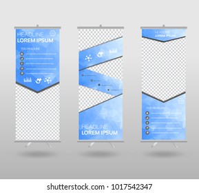 Red Roll Up Banner template and info graphics stand design, advertisement, display, business flyer, polygon background. vector illustration.