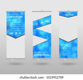 Red Roll Up Banner template and info graphics stand design, advertisement, display, business flyer, polygon background. vector illustration. 
