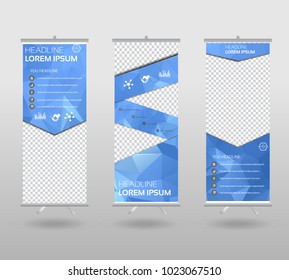 Red Roll Up Banner template and info graphics stand design, advertisement, display, business flyer, polygon background. vector illustration. 