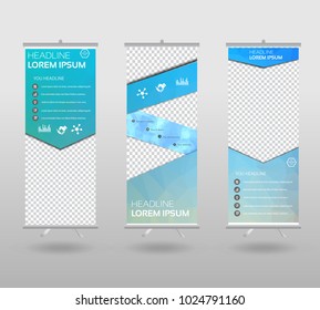 Red Roll Up Banner template and info graphics stand design, advertisement, display, business flyer, polygon background. vector illustration. 