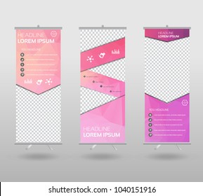 Red Roll Up Banner template and info graphics stand design, advertisement, display, business flyer, polygon background. vector illustration. 