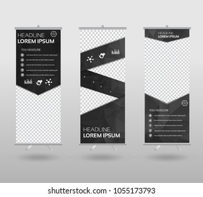 Red Roll Up Banner template and info graphics stand design, advertisement, display, business flyer, polygon background. vector illustration. 