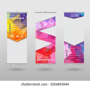 Red Roll Up Banner template and info graphics stand design, advertisement, display, business flyer, polygon background. vector illustration. 