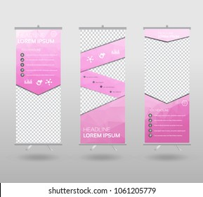 Red Roll Up Banner template and info graphics stand design, advertisement, display, business flyer, polygon background. vector illustration. 