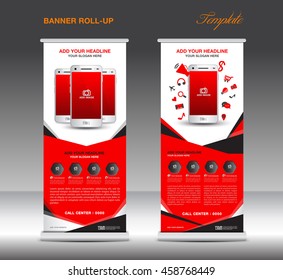 Red Roll up banner  template and Mobile infographics, stand display advertisement flyer vector