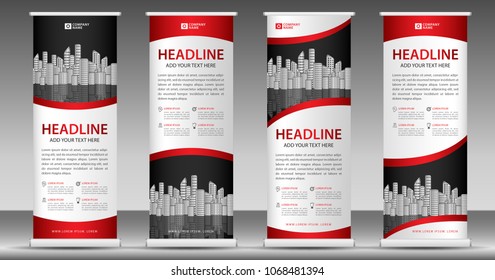 Red Roll up banner template, stand design, Pull up, display, advertisement, business flyer, poster, presentation, corporate, web banner layout, modern creative concept, city vector illustration