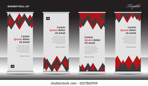 Red Roll Up Banner template vector illustration, polygon background, stand design, display, advertisement, x-banner, j-flag, pull up, business flyer layout, printing media for exhibition, show, events