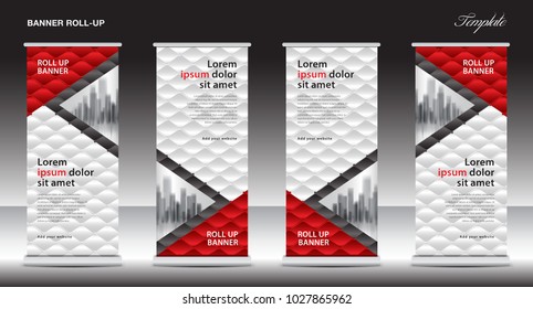 Red Roll Up Banner template vector illustration, polygon background, stand design, display, advertisement, x-banner, j-flag, pull up, business flyer layout, printing media for exhibition, show, events