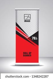 Red Roll up banner template vector, banner, stand, exhibition design, advertisement, pull up, x-banner and flag-banner layout, polygon background