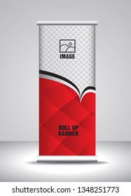 Red Roll up banner template vector, banner, stand, exhibition design, advertisement, pull up, x-banner and flag-banner layout, polygon background
