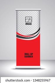 Red Roll up banner template vector, banner, stand, exhibition design, advertisement, pull up, x-banner and flag-banner layout, wave background