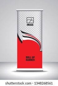 Red Roll up banner template vector, banner, stand, exhibition design, advertisement, pull up, x-banner and flag-banner layout, wave background
