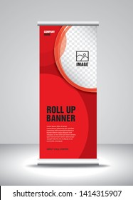 Red Roll up banner template vector, banner, stand, exhibition design, advertisement, pull up, x-banner and flag-banner layout