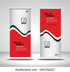 Red Roll up banner template vector, banner, stand, exhibition design, advertisement, pull up, x-banner and flag-banner layout, abstract background