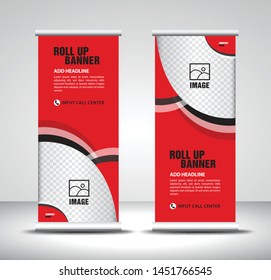 Red Roll up banner template vector, banner, stand, exhibition design, advertisement, pull up, x-banner and flag-banner layout, abstract background