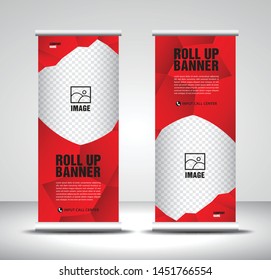 Red Roll up banner template vector, banner, stand, exhibition design, advertisement, pull up, x-banner and flag-banner layout, abstract background
