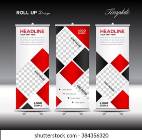 Red Roll Up Banner template vector illustration, polygon background, advertisement, display, stand, flyer layout