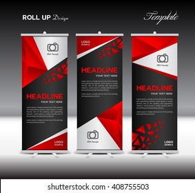 Red Roll Up Banner template vector illustration, polygon background,stand design, presentation, flyer, advertisement