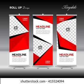 Red Roll Up Banner template vector illustration, polygon background, advertisement, flyer, dispaly