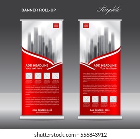 Red Roll up banner template vector, flyer, advertisement, x-banner, poster, pull up design, display, layout vector illustration