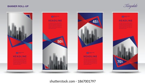 Red Roll up banner vector template, Modern Exhibition Advertising Trend Business Roll Up Banner, Stand, Poster, Brochure flat design, Presentation, display, x-banner, flag-banner. Stock vector.