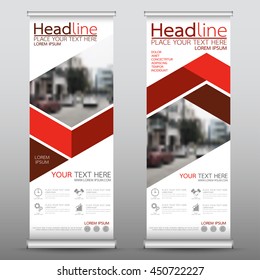 Red roll up business banner design vertical template vector, advertising presentation abstract geometric background, modern publication display and flag-banner, layout in rectangle size.