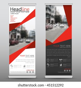 Red roll up business banner design vertical template vector, advertising presentation abstract geometric background, modern publication display and flag-banner, layout in rectangle size.