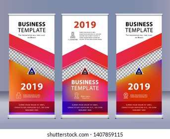 Red roll up business banners. Vertical template vector Abstract liquid colorful background.