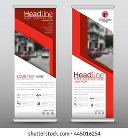 Red roll up business brochure flyer banner design vertical template vector, cover presentation abstract geometric background, modern publication x-banner and flag-banner, layout in rectangle size.