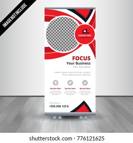 Red roll up business brochure flyer banner design vertical template vector, cover presentation abstract geometric background, modern publication x-banner and flag-banner, layout in rectangle size.
