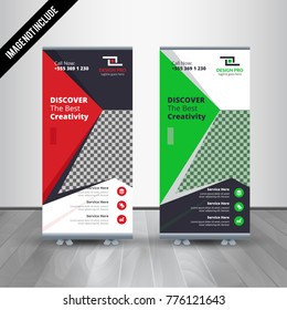 Red roll up business brochure flyer banner design vertical template vector, cover presentation abstract geometric background, modern publication x-banner and flag-banner, layout in rectangle size.
