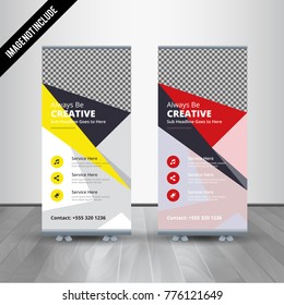 Red roll up business brochure flyer banner design vertical template vector, cover presentation abstract geometric background, modern publication x-banner and flag-banner, layout in rectangle size.
