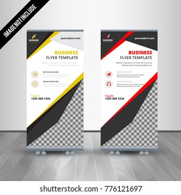 Red roll up business brochure flyer banner design vertical template vector, cover presentation abstract geometric background, modern publication x-banner and flag-banner, layout in rectangle size.

